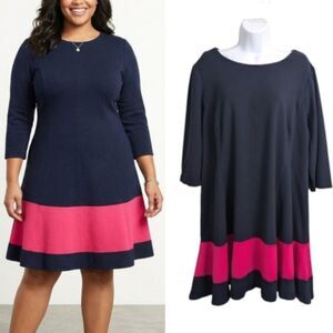 Eliza J Fit & Flare Knee Lenght Dress Plus Size 20W Navy Pink 3/4 Sleeve Spring